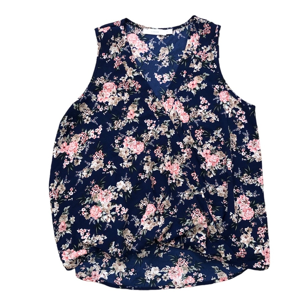 Lush Navy Blue Floral Sleeveless V-Neck Top- XS